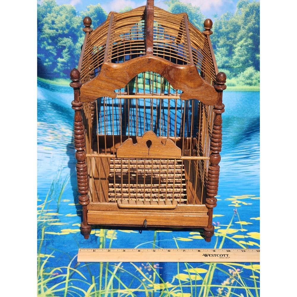 Vintage Asian Wooden Bird Cage Teak or Bamboo Bird Cage 19th Century W/ Tray